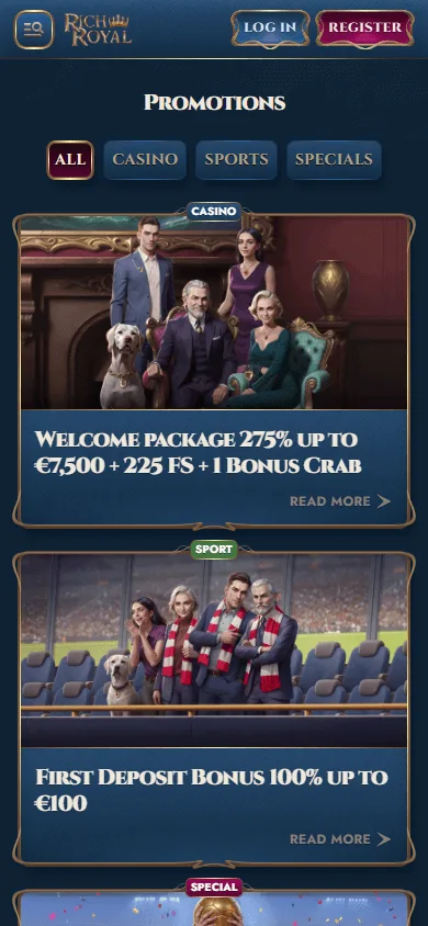 Rich Royal Casino mobile promotions area on a smartphone