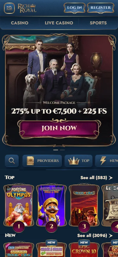 Rich Royal Casino mobile home screen on a smartphone