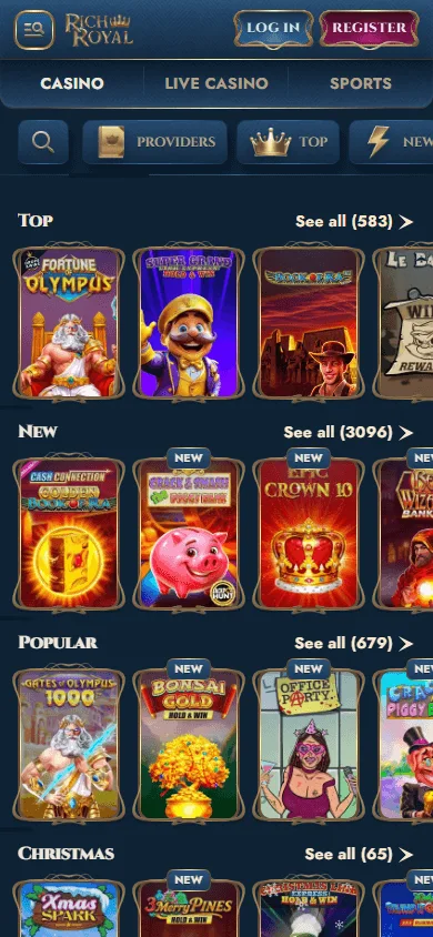 Rich Royal Casino mobile game selection on a smartphone