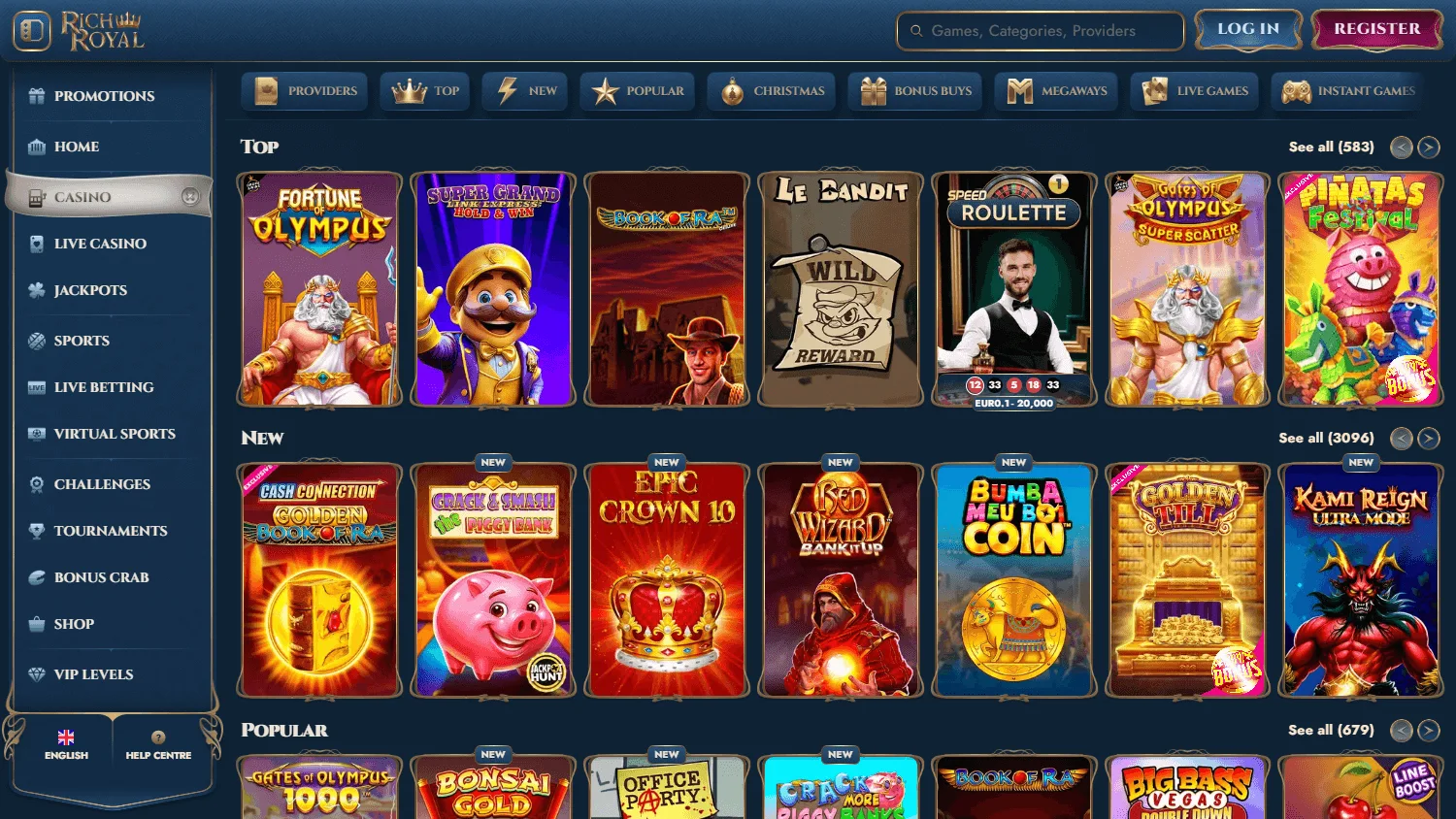 Rich Royal Casino desktop game selection