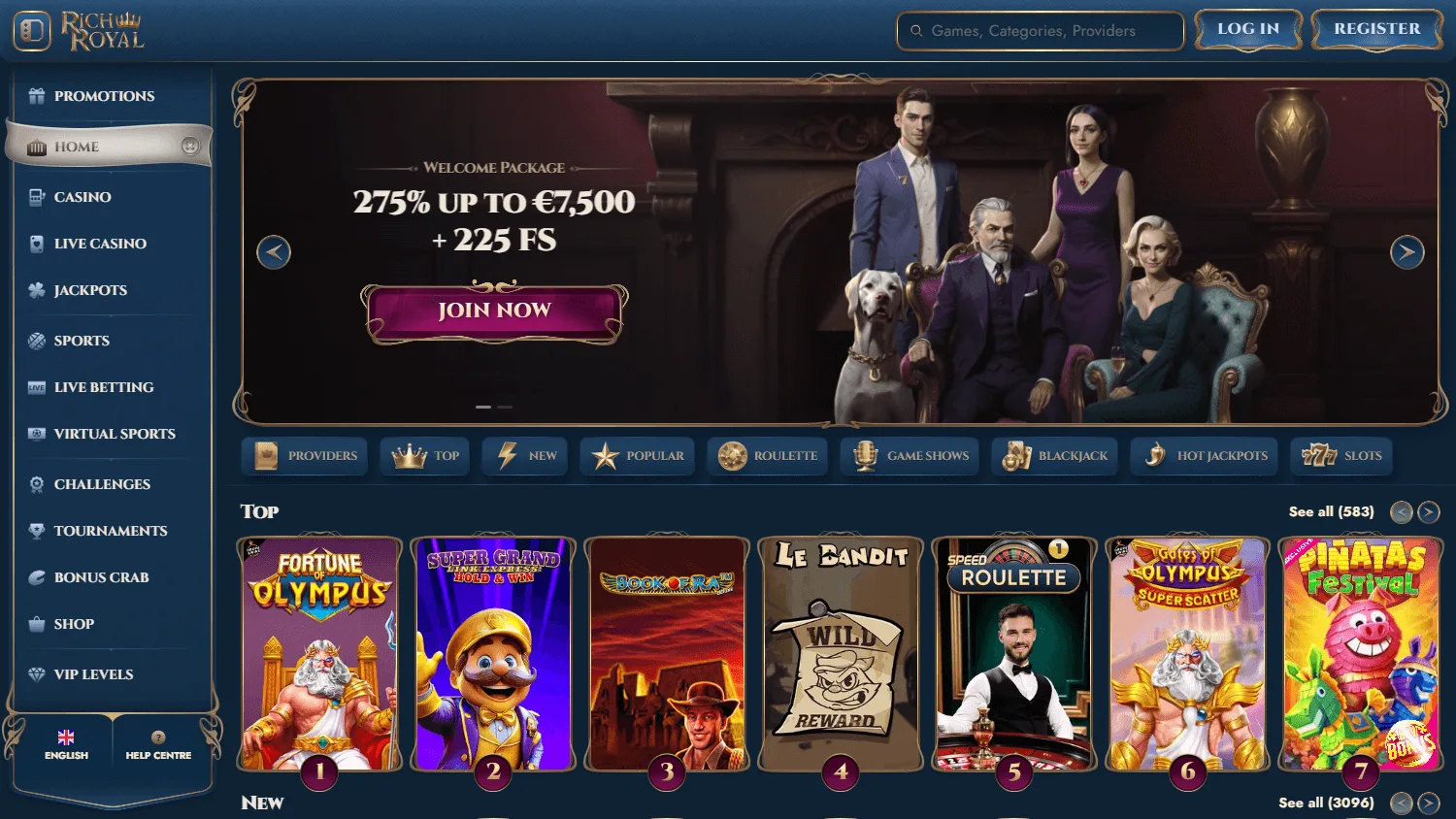 Rich Royal Casino desktop home screen